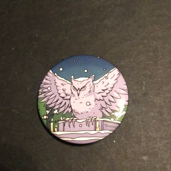 Hidden worlds owl statue button pin - Picture 1 of 3